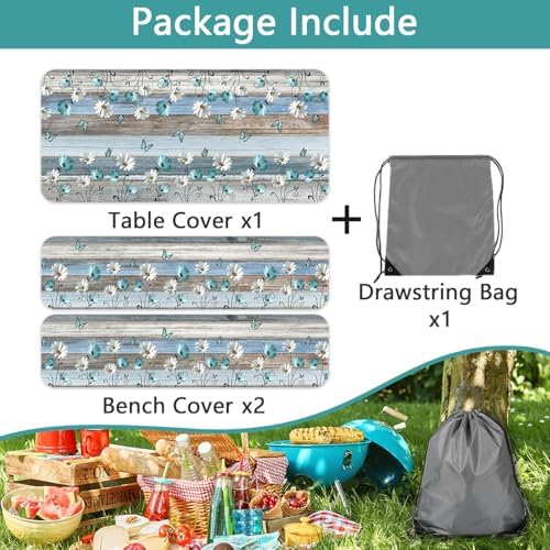 Floral Picnic Table Cover with Bench Covers, Camping Essentials, Wooden Flower Butterfly Waterproof Windproof, Fitted Tablecloth Cover with Elastic Edge, for Indoor, Outdoor, 3 PCS, 30x60 Inch - Image 7