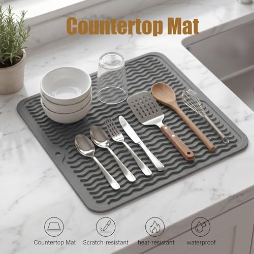 MicoYang Silicone Dish Drying Mat for Multiple Usage,Easy clean,Eco-friendly,Heat-resistant Silicone Mat for Kitchen Counter or Sink,Refrigerator or Drawer liner Grey M 12 inches x 12 inches - Image 3