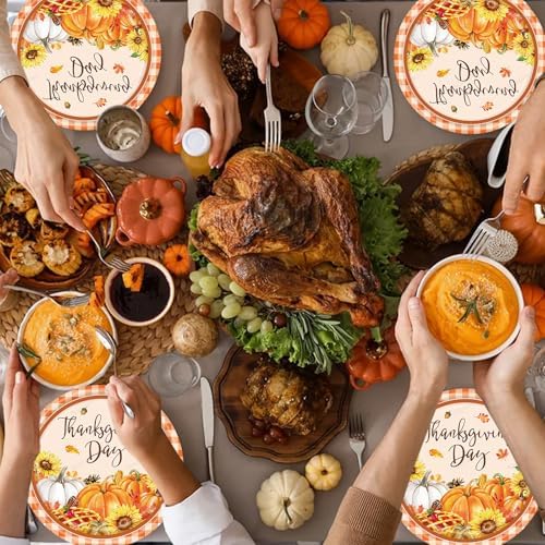 20 Pcs Happy Thanksgiving Party Disposable Paper Plates Fall Themed 9 Inch Round Dinner Plates for Autumn Party Decorations (Pumpkin Sunflower) - Image 3
