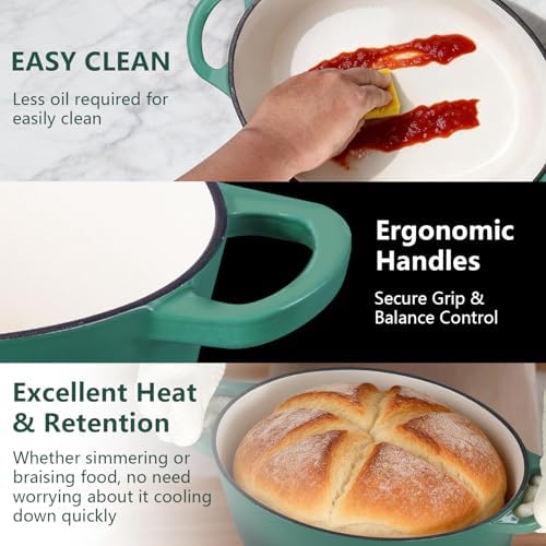 P&P CHEF Oval Dutch Oven with Lid, Enameled Cast Dutch Oven Pot for Bread Baking, Braising, Stewing, Roasting, Non-Stick & Oven Safe, Dual Handles & Easy Clean, 7QT & Dark Green, Valentine's Day - Image 3