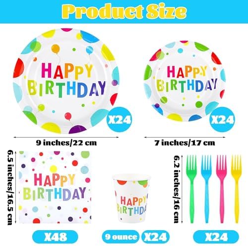 Kochorie 144 Pieces Happy Birthday Print Party Decorations Including Disposable Plates Napkins Cups Forks Tableware Sets Serves 24 for Birthday Party Supplies - Image 2