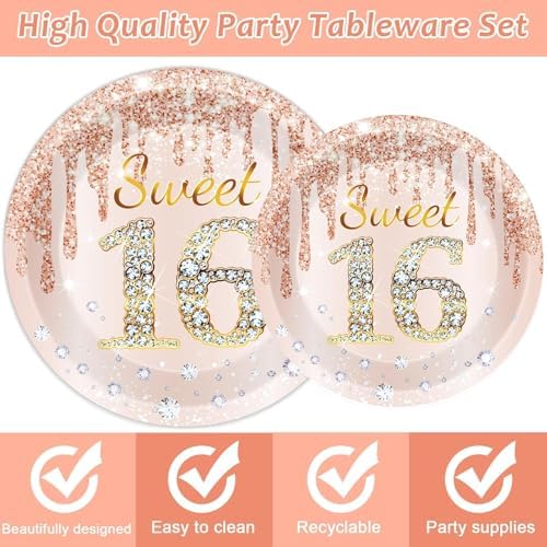 CHUNNIN 200 PCS Rose Gold Sweet 16 Party Plates Napkins Pink Rose Gold Tableware Set for Girls Sweet 16th Party Decoration Dessert Plates Forks Serve 50 Guests for Girls 16th Birthday Supplies - Image 3
