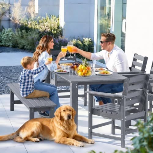 Dining Table Set, 6-Piece HDPE Outdoor Dining Set for 6, Gray - Image 3