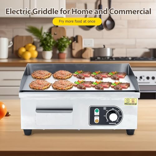 18" 1500W Stainless Steel Electric Griddle, Commercial Countertop Flat Top Grill with Adjustable 122–572°f Thermostat, Includes 2 Spatulas & Cleaning Brushes, Plug-in Grill for Indoor/Outdoor Cooking - Image 6