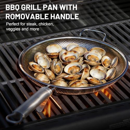 Stainless Steel Grill Pan with Removable Handle, 11.81" Round Perforated BBQ Grill Basket for Seafood, Vegetables & Meat, Outdoor Grilling Pan for Charcoal and Gas Grills, Camping & Backyard Cooking - Image 4