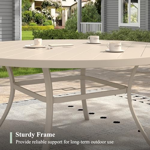 Outdoor Dining Table for 8, 60" Round Outdoor Table with Adjustable Umbrella Hole, All-Weather Metal Patio Dining Table for Lawn Garden Backyard Deck, Sandshell - Image 6