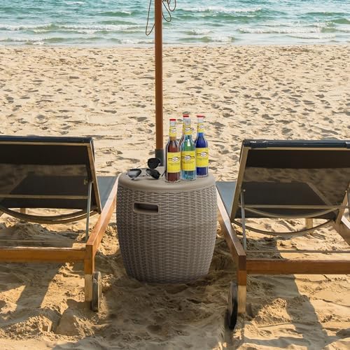 EasyUp 9.5 Gallon Outdoor Cooler Table, Wicker Round Ice Bucket for Parties, Rattan Bar Table with Top Lid Side Handles Drainage Plug, Beer Wine Cooler Side Tables for Patio, Poolside, Deck, Grey - Image 2