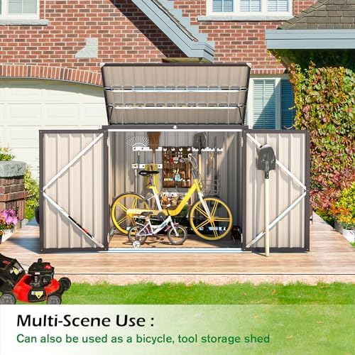 AECOJOY Outdoor Trash Can Storage Shed, 46 Cu.Ft Metal Garbage Bin Enclosure with Lift-Up Lid & Gas Strut, Waterproof Outdoor Garbage Can Organizer, Bike Shed Backyard Patio Garden, Brown - Image 4