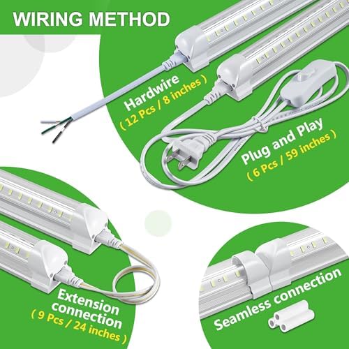 Skymoatled 12Pack 8FT LED Shop Light Garage Lights,100W 6000K 15000LM White Light,Hanging/Surface Mount,Plug and Play,Super Bright T8 Tube Light,Linkable LED Shop Light for Warehouse Workshop Basement - Image 2