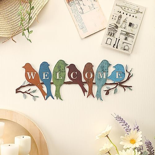 Peryiter Birds on Branch Welcome Sign Metal Wall Decor,Rustic Colors - Image 3