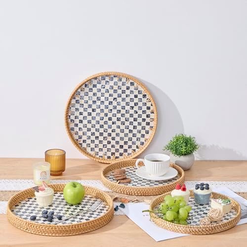 Round Rattan Tray with Mother of Pearl Inlay, Rattan Serving Tray with Wooden Base, Decorative Wicker Basket for Table Decor, Storage and Display of Coffee Bread Food Fruit (Checkerboard 11.8") - Image 5