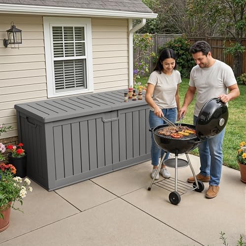 240 Gallon HDPE Deck Box Outdoor Indoor Waterproof Storage Box for Patio Furniture, Pool Accessories, Garden Tools, and Cushion Storage, Gray - Image 2