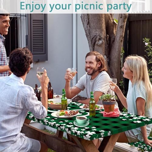St. Patrick's Day Picnic Table Cover with Bench Covers, Camping Essentials, Buffalo Plaid Shamrock Lucky Outdoor Table Covers, Waterproof, Fitted Tablecloth Cover with Elastic Edge, 3 PCS, 30x60 Inch - Image 2