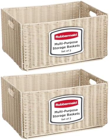 Rubbermaid Woven Storage Baskets - Set of 2 Stackable and Collapsible Bins with Handles, Extra-Large Resin Rattan Organizers for Shelves, Closet, Bathroom, Bedroom, 18.75” x 13.75", Ivory by Rubbermaid