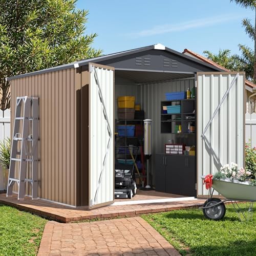JUMMICO 8x8 FT Outdoor Storage Shed, Tool Metal Sheds, Brown by JUMMICO