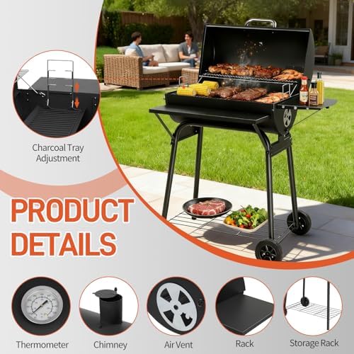 Outvita Barrel Charcoal Grill with Warming Rack, Side Front Table, Black - Image 4