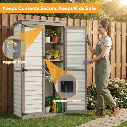 PetsCosset Outdoor Storage Cabinet with Shelves, Wood & Plastic Garden Shed, Weatherproof Outside Tool Cabinet for Patio, Backyard, Pool - Image 4