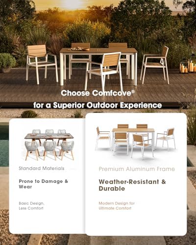 Outdoor Dining Table, Aluminum Patio HDPS Outdooor Table with Umbrella Hole, All Weather Patio Furniture Set, Patio Dining Table (White & Teak) - Image 4