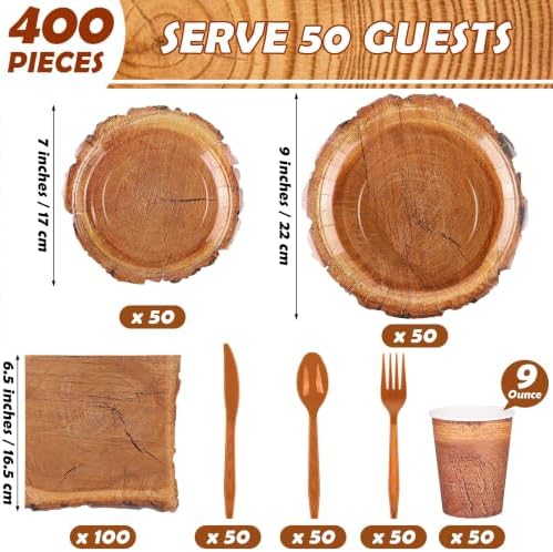 Kochorie 400 Pieces Wood Grain Slice Disposable Party Tableware Sets Rustic Wood Party Supplies Including Plates Cups Napkins Cutlery Serves 50 for Camping Birthday Forest Themed Party Decorations - Image 2