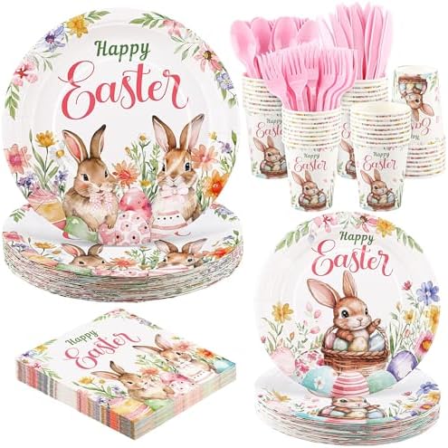 Kochorie 175 Pieces Easter Paper Plates and Napkins Disposable Colorful Eggs Easter Bunny Flower Tableware Set 7 Inch & 9 Inch Plates Napkins Cups Cutlery for Spring Holiday Party Decor, Serve 25 by Kochorie
