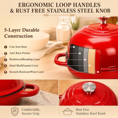 QuliMetal 5 Qt Enameled Cast Iron Dutch Oven for Sourdough Bread Baking,Red - Image 6