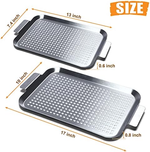Grill Pan Set of 2, BBQ Grill Topper for Outdoor Grill, Stainless Steel Grilling Baskets with Holes and Handles, Perforated Food Tray Barbecue Accessories for Vegetable, Fish, Meat, Seafood - Image 3