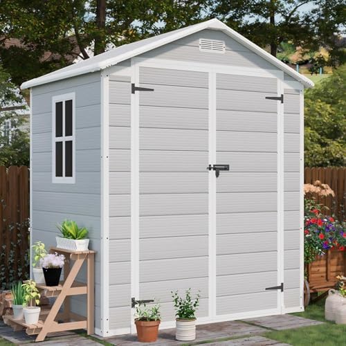 Patiowell 6x4 FT Resin Outdoor Storage Shed with Floor, Light Gray - Image 3