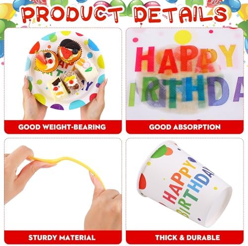 Kochorie 400 Pieces Happy Birthday Party Decorations Including Disposable Paper Plates Cups Napkins Tableware Sets Serves 50 for Birthday Party Supplies - Image 3