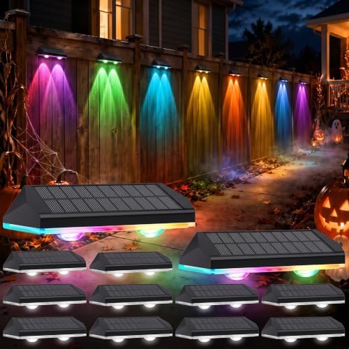 AUDLES Solar Fence Lights Outdoor Waterproof LED, 8 Modes Warm & RGB 6 Color Changing Solar Powered Flood Wall Lights, Solar Light for Step, Pathway, Garden, Deck, Stairs Decor- 12 Pack by AUDLES