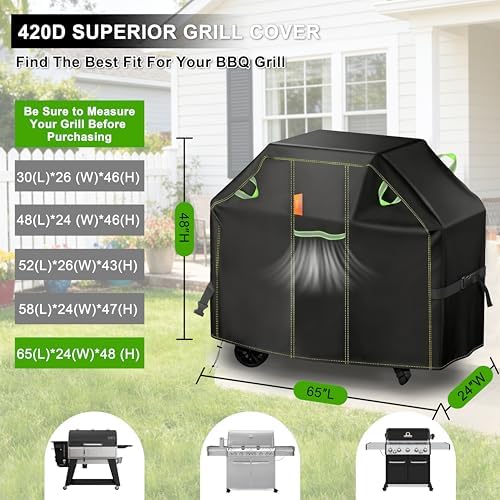 Grill Cover for Outdoor Grill, 65 Inch BBQ Grill Cover 420D Heavy Duty Waterproof with Air Vents/Handles/Straps, Weather Resistant Barbecue Gas Grill Cover for Weber, Genesis, Charbroil, etc - Image 2