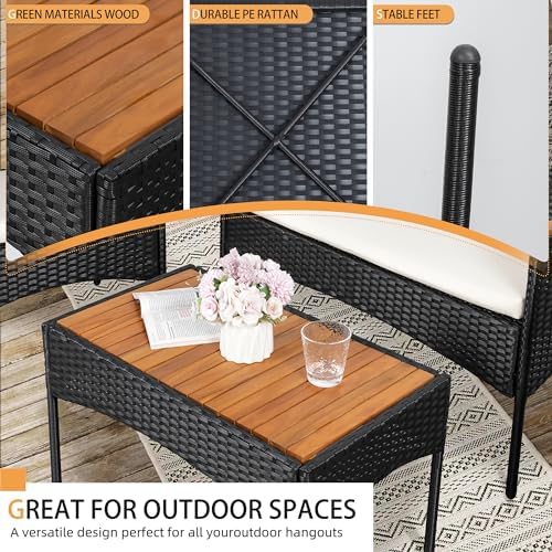 Shintenchi 4-Piece Patio Furniture Set, Outdoor Wicker Patio Conversation Furniture Set with Cushions and Wooden Tabletop for Paito Lawn Backyard Pool Garden, Black Rattan - Image 5