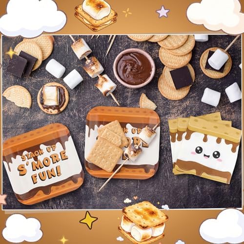 Yungyan 100 Pcs S'mores Camping Love Fun Paper Plates Napkin Set S'mores Campfire Party Decor 9" Disposable Tableware Plate 13" Napkins for Camper Birthday Christmas Baby Shower Family Favor Supplies - Image 5