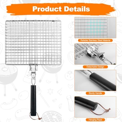 Fish Grill Basket for Outdoor Grill, Grilling Basket With Removable Handle, Portable BBQ Set Barbecue Rack for Shrimp Pork Veggies, Camping Grilling Accessories With Brush, Metal Skewers and Carry Bag - Image 4