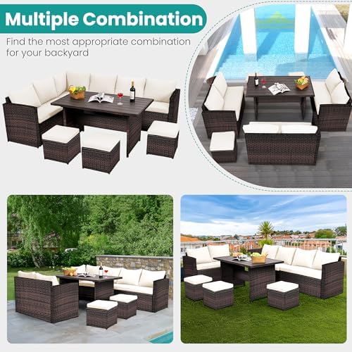 Wumiokio Patio Furniture Set, 7 Pieces Outdoor Patio Furniture with Dining Table&Chair, All Weather Wicker Conversation Set with Ottoman,Brown Rattan & Ivory Cushions (Include Sofa Dust Cover) - Image 7