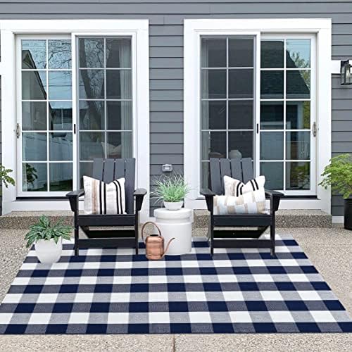 IOHOUZE 4x6 Buffalo Plaid Outdoor Rug, Washable Front Porch, Navy White - Image 5