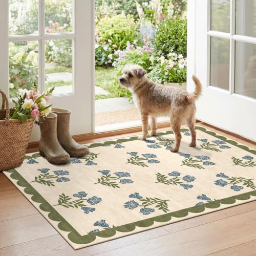 Floral Outdoor Rug - 28" x 43" Front Door Mat Indoor Outside Entrance Non-Slip Washable Outdoor Mat Sage Blue Spring Scalloped Rug for Entryway Kitchen Bedroom Layered Doormat for Front Porch by Othilic