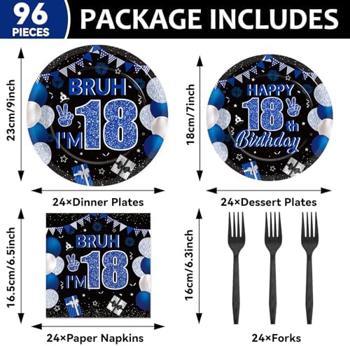 96PCS 18th Birthday Party Paper Plates and Napkins and Forks Set for Blue and Silver Bruh I'm 18 Years Old Party Paper Plates Disposable Decor Happy 18th Parties Set for Teens Birthday Decorations - Image 2