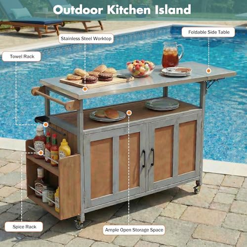 LUMISOL Grill Cart with Foldable Stainless Steel Top, Mobile Outdoor Kitchen Island with Storage Cabinet and Towel Rack, Espresso+Grey - Image 5