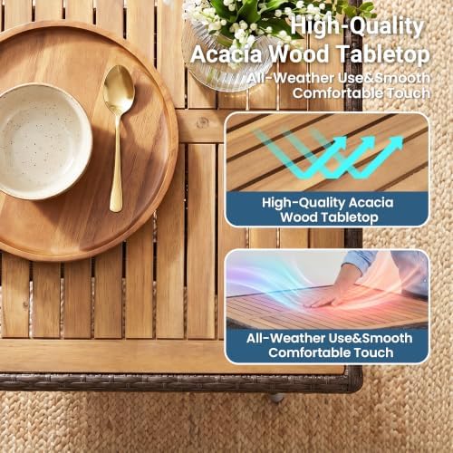 Wisteria Lane 5-Pieces Patio Dining Sets, Rattan Outdoor Table and Chairs with Acacia Wood Tabletop, Metal Patio Dining Furniture for 4 with Removable Cushions for Garden Backyard Deck, Brown - Image 3