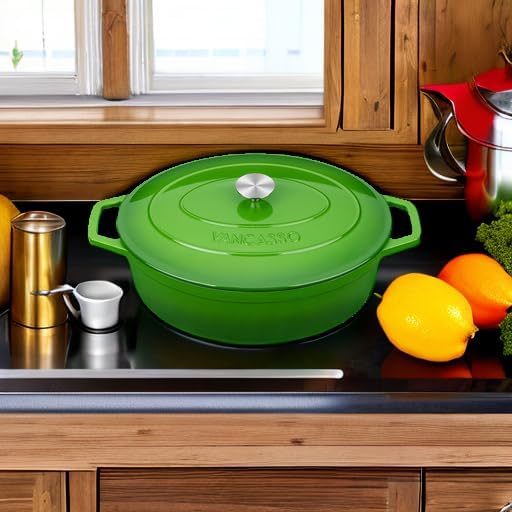 vancasso 9.3 Qt Oval Enameled Cast Iron Dutch Oven with Lid, Green - Image 5