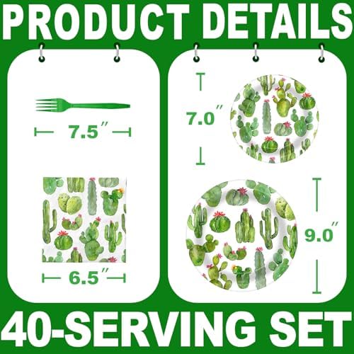 Cactus Party Decorations - Cactus Party Plates and Napkins for Kids Birthday Party, Serves 40 Guests - Image 2