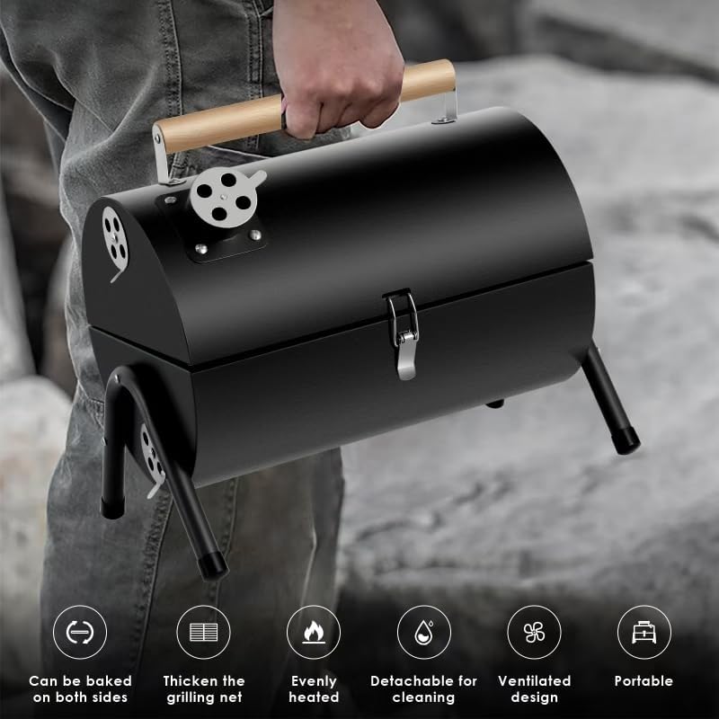 Portable bbq Charcoal Grill Small Folding Table Top Charcoal Grill for Outdoor Camping Two Side Carbon Smoker Griller with bbq Grill Brush and Metal Tongs (Black) - Image 6