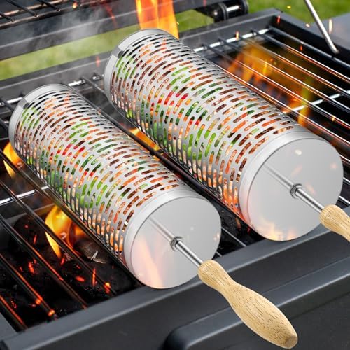 Rolling Grill Basket, Removable Wooden Handle, 304 Stainless Steel, Nesting Smoker Net, BBQ Accessories Tools for Vegetable Shrimp, Outdoor Cooking Camping (B) by UDeuxff