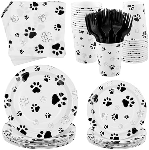 Kochorie 144 Pieces Black Paw Print Party Tableware Sets Including Disposable Plates Napkins Cups Forks Serves 24 for Dog Puppy Theme Party Supplies by Kochorie
