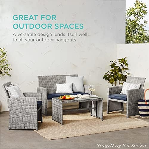 Best Choice Products 4-Piece Outdoor Wicker Patio Conversation Furniture Set for Backyard w/Coffee Table, Seat Cushions - Gray/Cream - Image 6