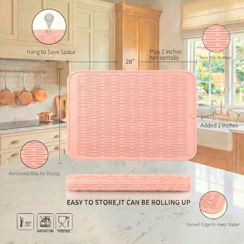 MicoYang Silicone Dish Drying Mat for Multiple Usage,Easy clean,Eco-friendly,Heat-resistant Silicone Mat for Kitchen Counter or Sink,Refrigerator or Drawer Liner Pink 3XL 28 inches x 18 inches - Image 2