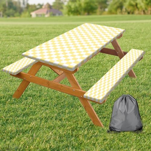 Picnic Table Cover with Bench Covers and Bag, Yellow White Checkered Gingham Buffalo Plaid Camping Tablecloth Waterproof Windproof Elastic Edges Fitted Tablecloths for Outdoor Garden 3PCS 30x96 Inch by Xguatan