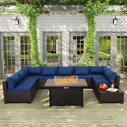 Rattaner 10 Pieces Outdoor Sectional All-Weather Wicker Patio Furniture Set Patio Sectional and Steel Fire Table and Glass Patio Table Non-Slip Cushions and Waterproof Covers, Navy Blue - Image 2