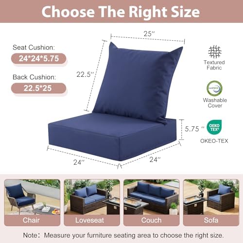 Outdoor Deep Seat Cushion Set, 24x24 Inch, Navy Blue, Set of 6 - Image 2
