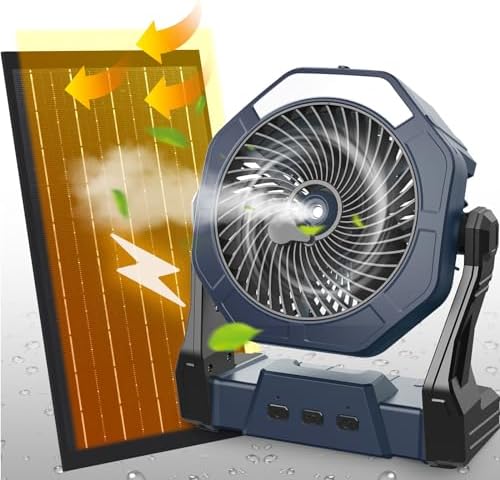 Ausic Solar Misting Fan,【Max 35H】 Portable Outdoor Fans with Solar Panel, 8 Inch Battery Operated Rechargeable Cooling Fans with Hook, Led Light, Mister Fan for Camping/Patios/Chicken Coop by Ausic